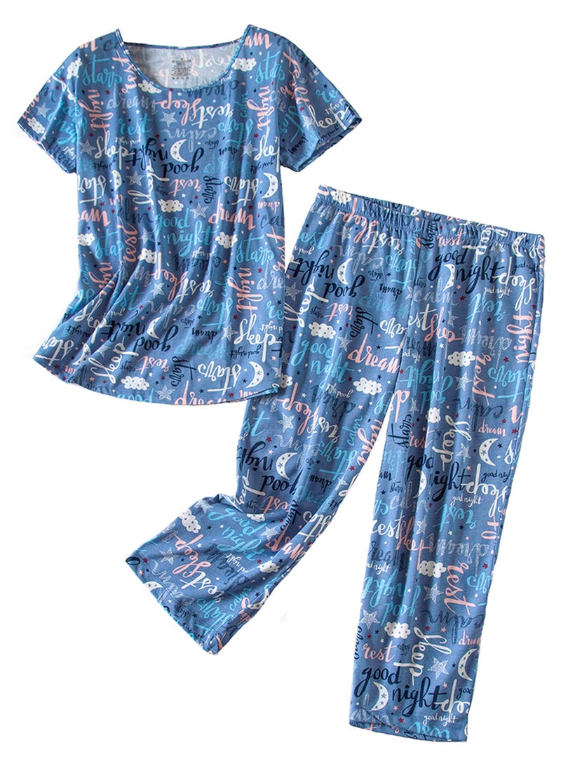 PNAEONG Womenâ€™s Pajama Set - Cotton-Blend Short-Sleeve Loose Top with Matching Capri Bottoms SY215-Good Night-L - Image 1